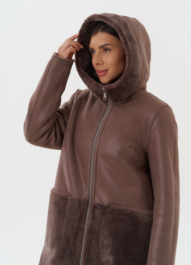 Двухсторонняя дубленка из эко кожи с капюшоном модель № 27763 в рассрочку