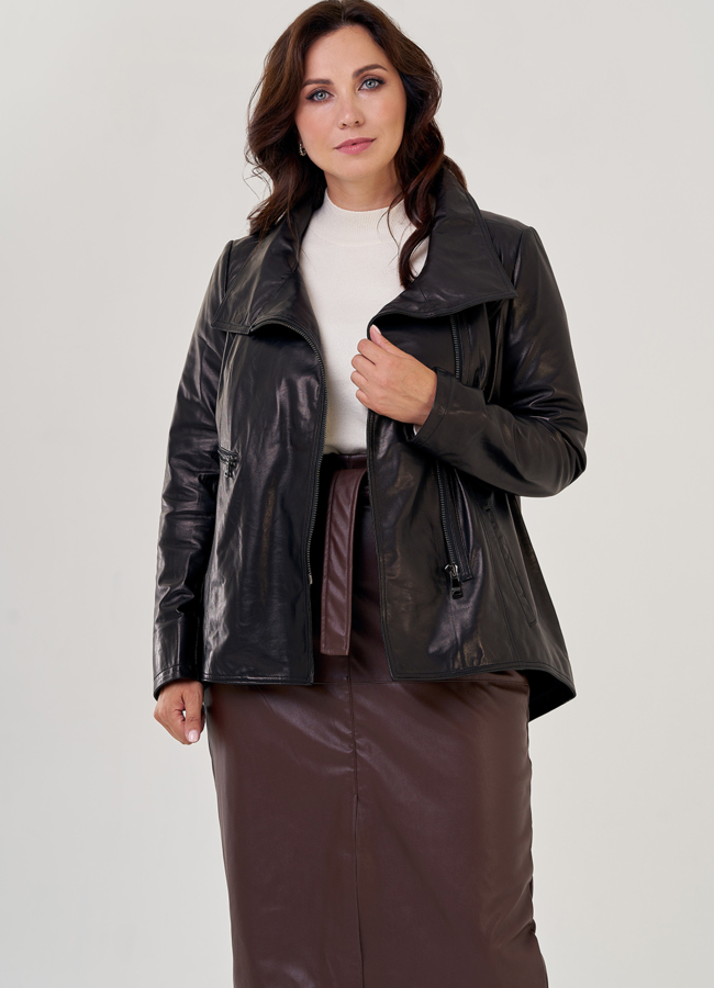 Кожаная куртка на молнии в черном цвете модель № 10703 универмаг малина