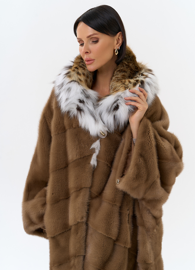 Шуба из меха норки с капюшоном из меха рыси модель № 31871 универмаг малина