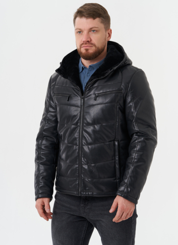 Утепленная куртка из эко кожи с капюшоном