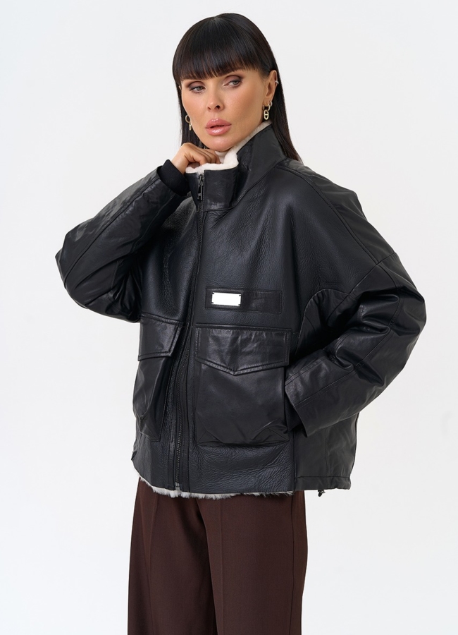 Женский пуховик из натуральной кожи с отделкой из овчины модель № 28577 универмаг малина