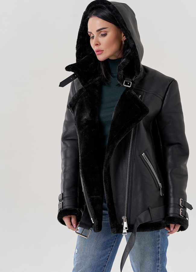 Женская дубленка пилот из эко кожи черно цвета  модель № 79311 универмаг малина