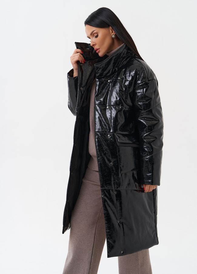 Женский пуховик из эко кожи с капюшоном модель № 28686 в рассрочку