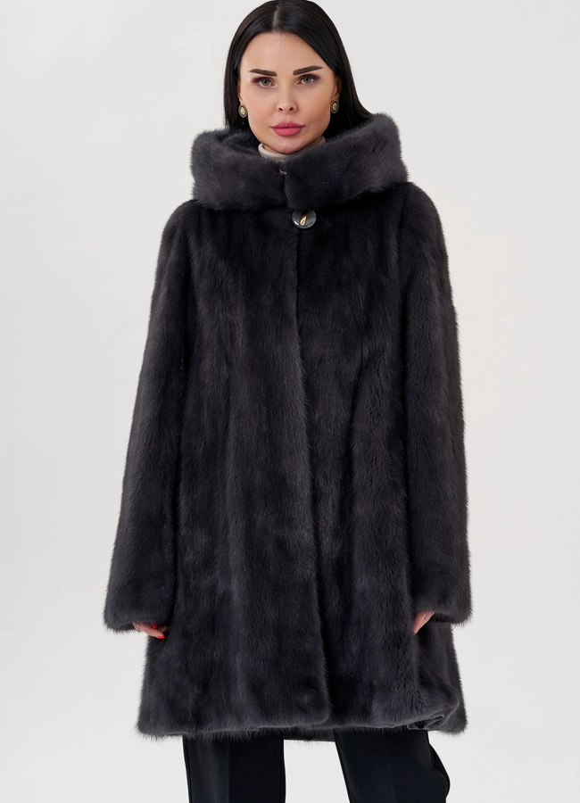 Норковая шуба балетка, в цвете графит с капюшоном модель № 25006 меха малина