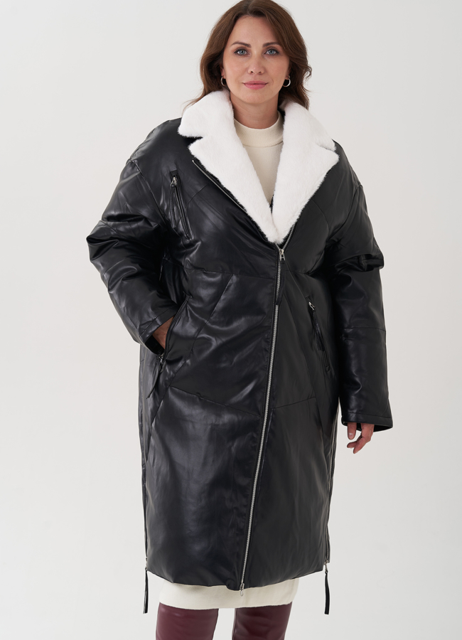 Пуховик женский из эко кожи с английским воротником модель № 25466 меха малина