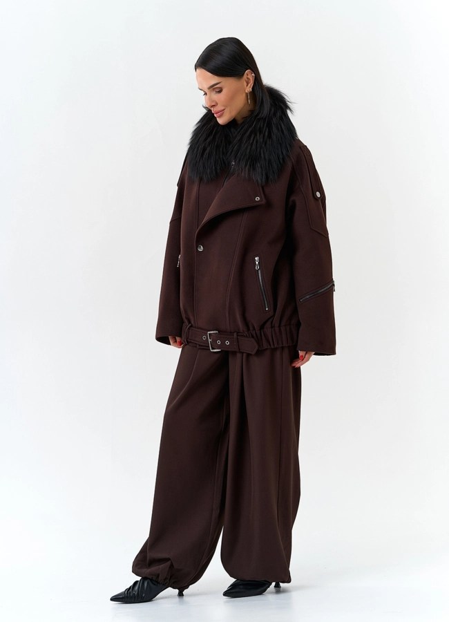 Женское укороченное пальто с отделкой из меха лисы модель № 32781 универмаг малина
