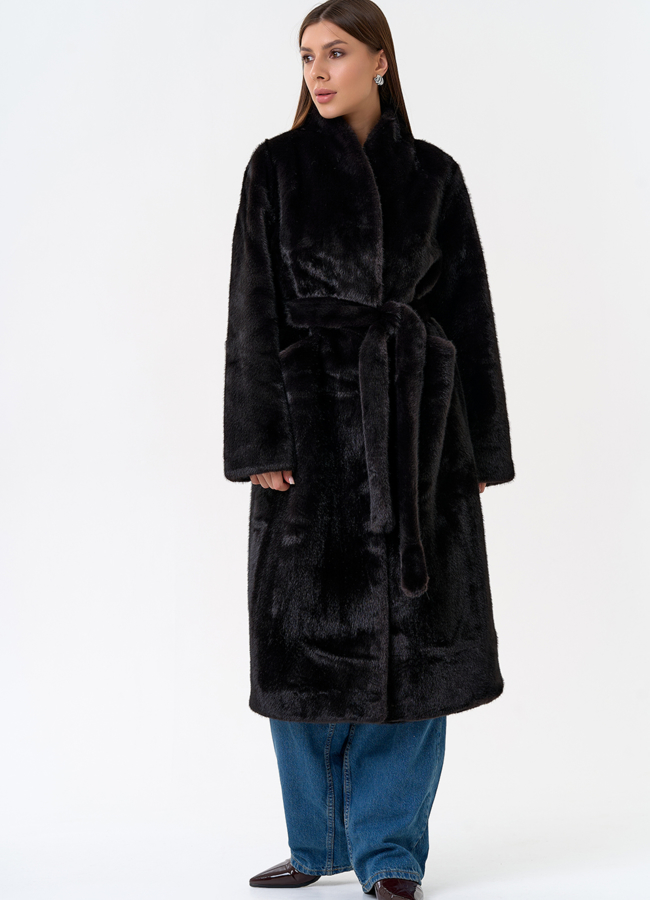 Женское пальто из эко меха с воротником шаль модель № 31255 в рассрочку