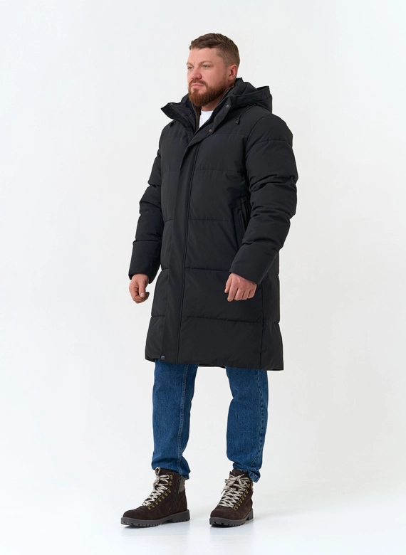 Удлиненный мужской пуховик с капюшоном фото