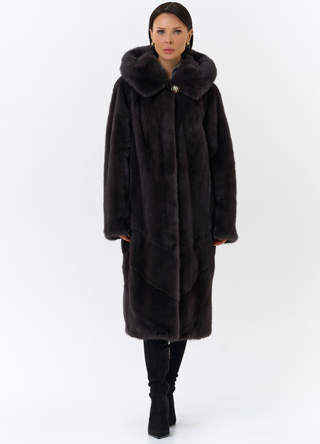 фото Женская шуба из норки силуэта баллон с капюшоном модель № 24752