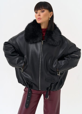Женская утепленная куртка из эко кожи черного цвета