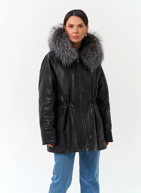 Женский пуховик из натуральной кожи с чернобуркой фото