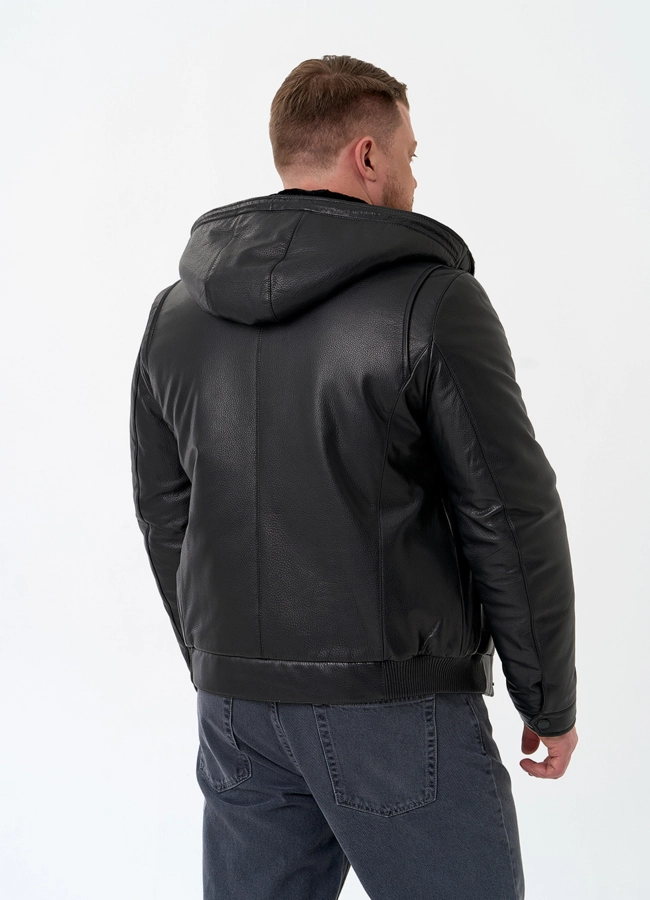 Мужской пуховик из натуральной кожи с капюшоном модель № 32051 в рассрочку