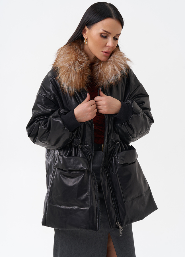 Кожаный пуховик с мехом модель № 29404 универмаг малина