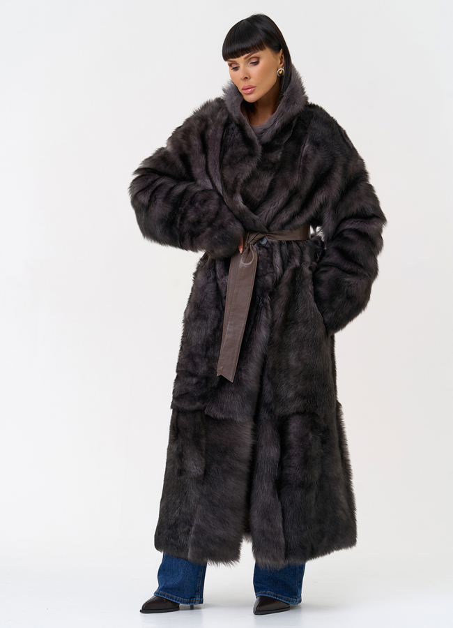 Женская двухсторонняя дубленка с поясом модель № 31616 универмаг малина