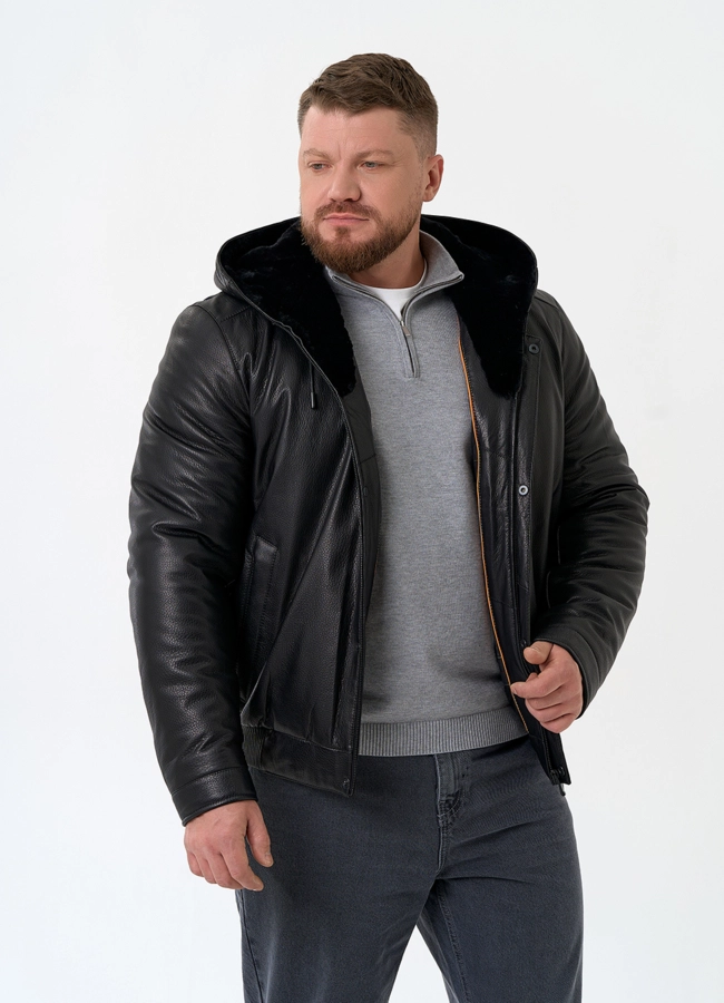 Мужской пуховик из натуральной кожи с капюшоном модель № 32051 универмаг малина