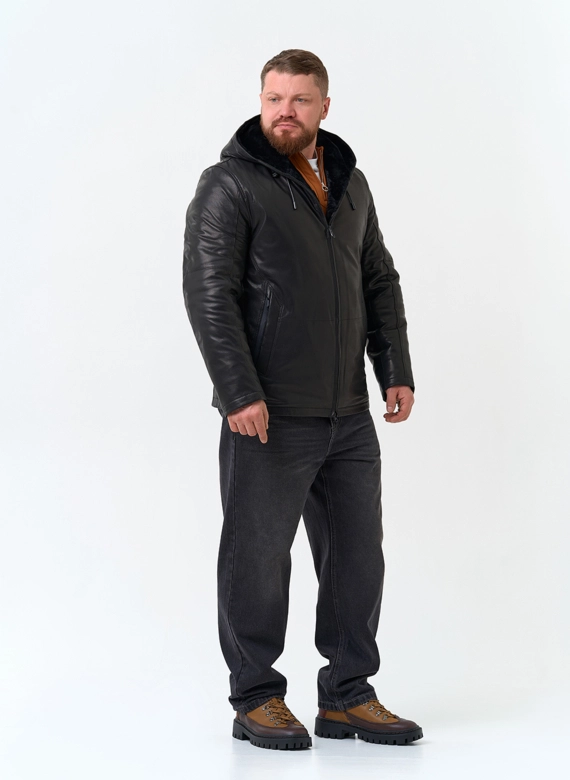 Мужская натуральная дубленка с капюшоном фото