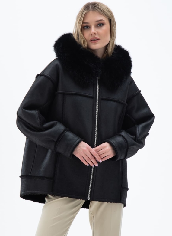 Женская дубленка из эко кожи с капюшоном