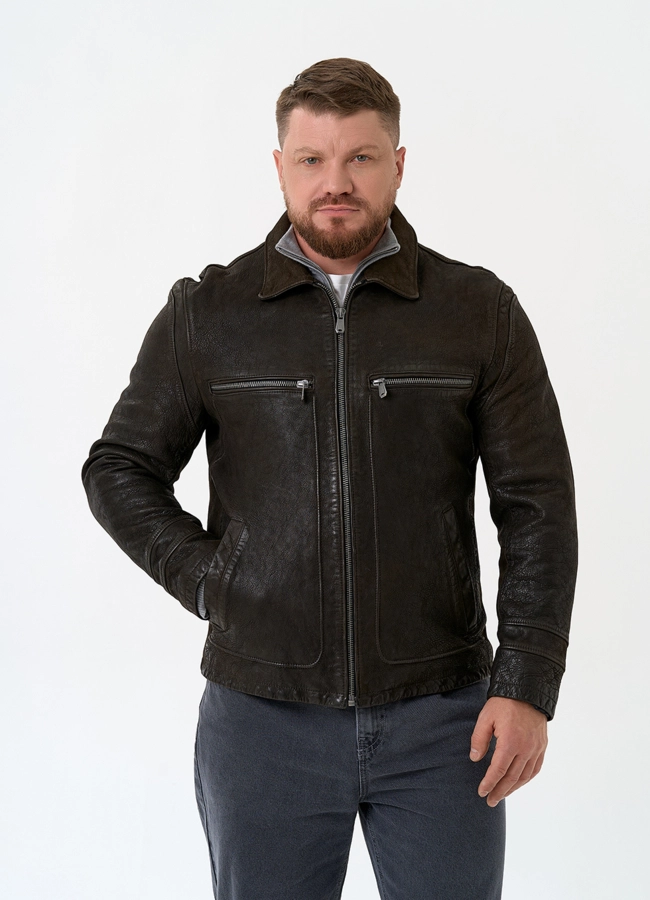 Мужская куртка из натуральной кожи модель № 30061 меха малина