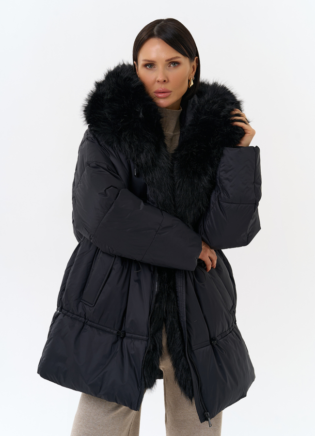 Женский пуховик с отделкой из искусственного меха модель № 31959 меха малина