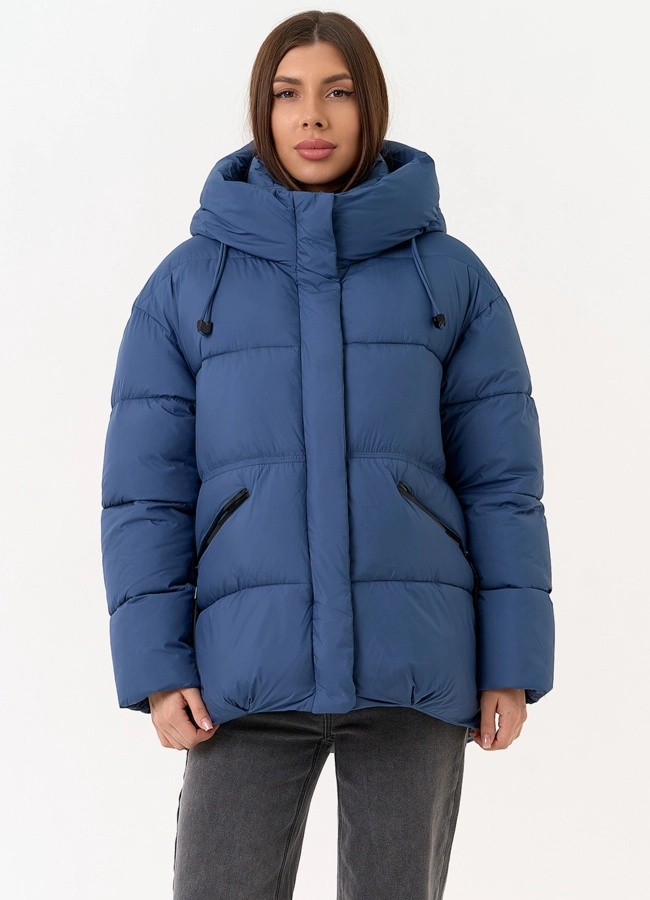 Женский пуховик синего цвета с капюшоном модель № 31534 универмаг малина