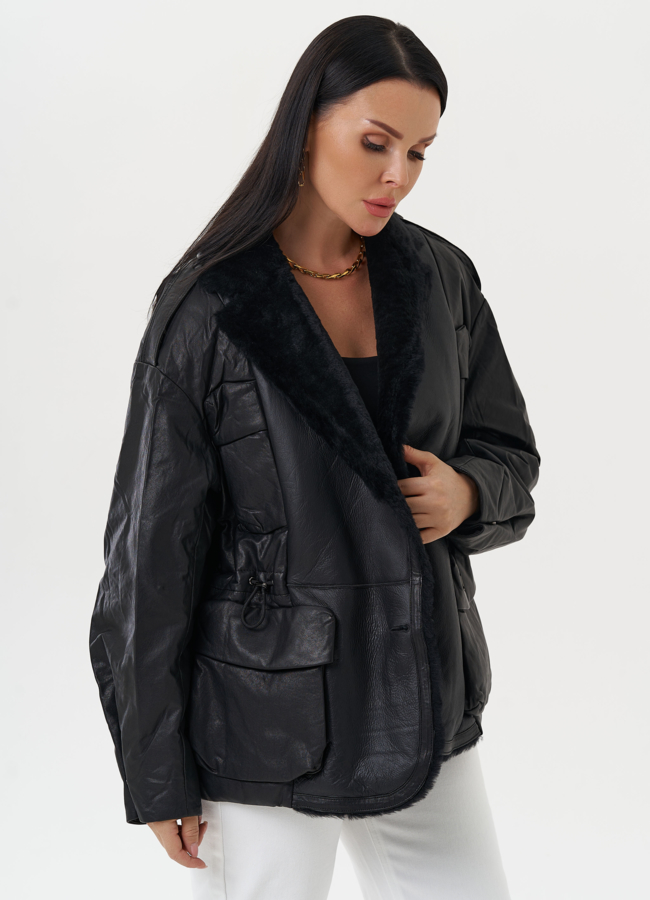 Куртка из натуральной кожи с английским воротником модель № 28120 меха малина