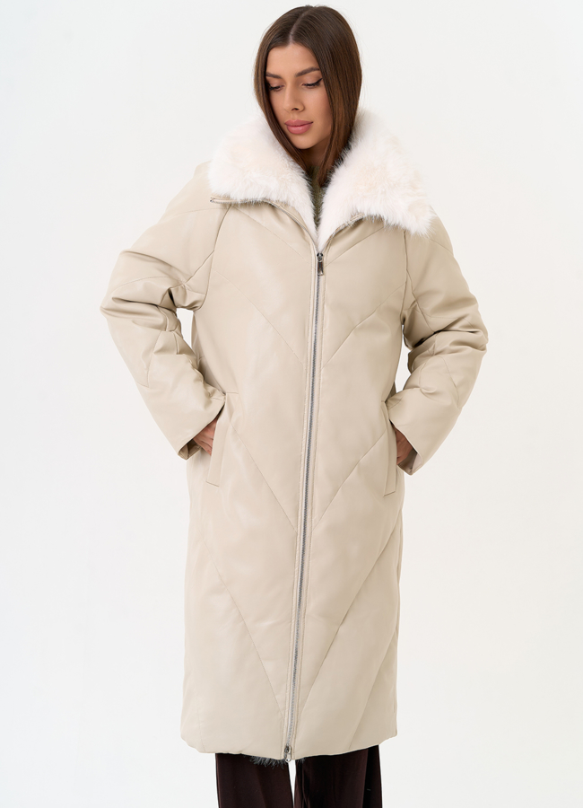 Женский пуховик из эко кожи с отделкой из эко меха модель № 30714 универмаг малина