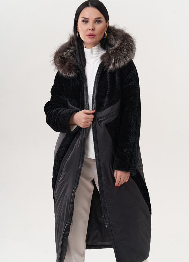 Комбинированный пуховик с овчиной модель № 26912 в рассрочку