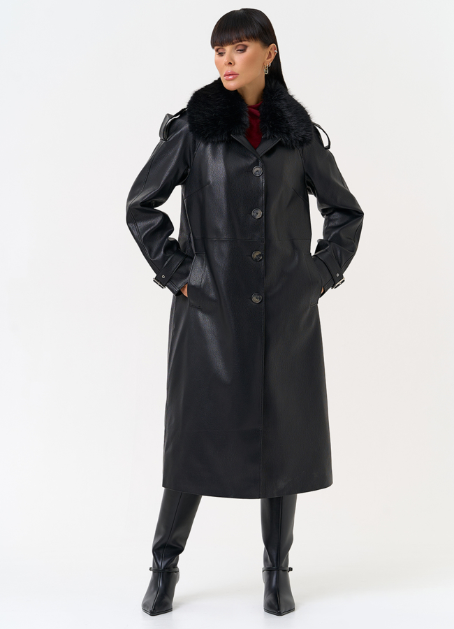 Женское утепленное пальто из экокожи с воротником из эко меха модель № 30705 в рассрочку