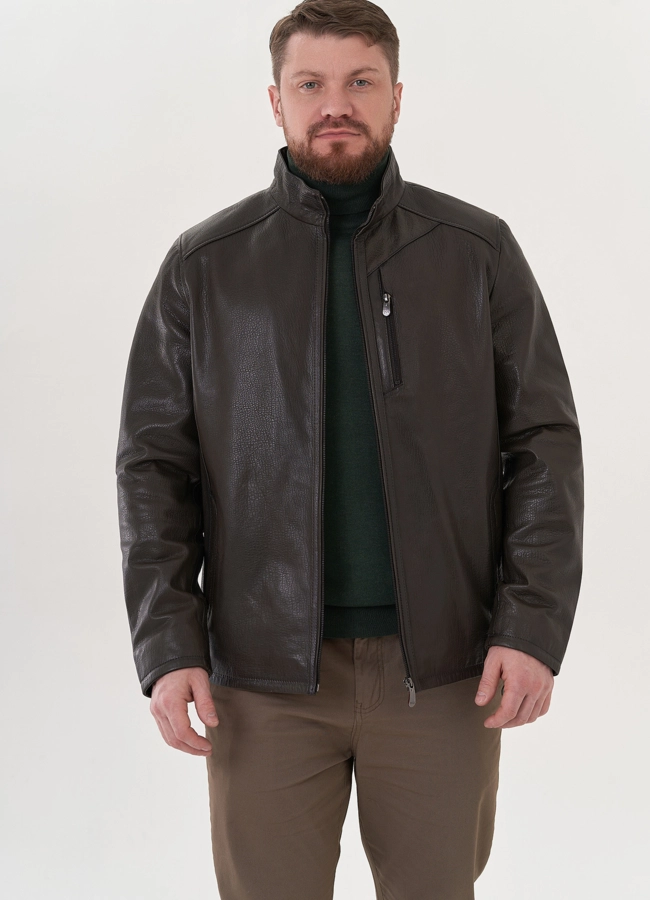 Мужская куртка из натуральной кожи в цвете хаки модель № 26824 в рассрочку
